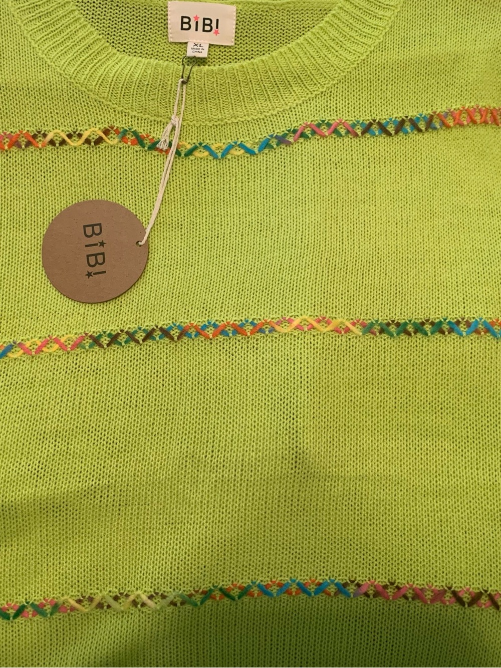 Lime Green Lover’s BiBi Knit Top with Multi-Color Cross Stitch Lines Sz XL - Picture 7 of 7